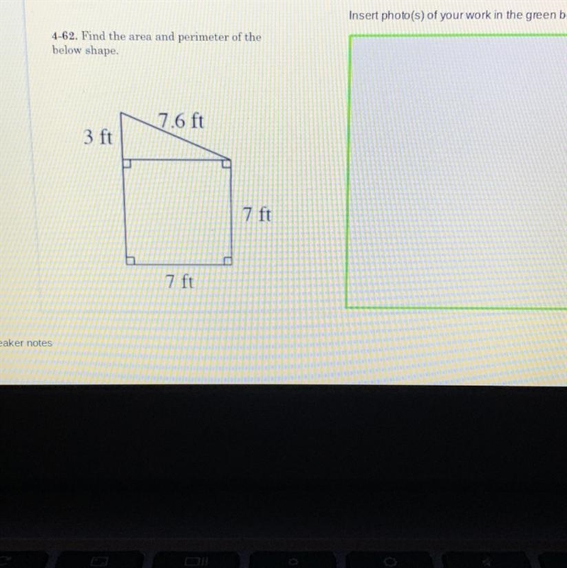 4-62. Find the area and perimeter of the below shape. 7.6 ft 3 ft 7 ft 7 ft-example-1