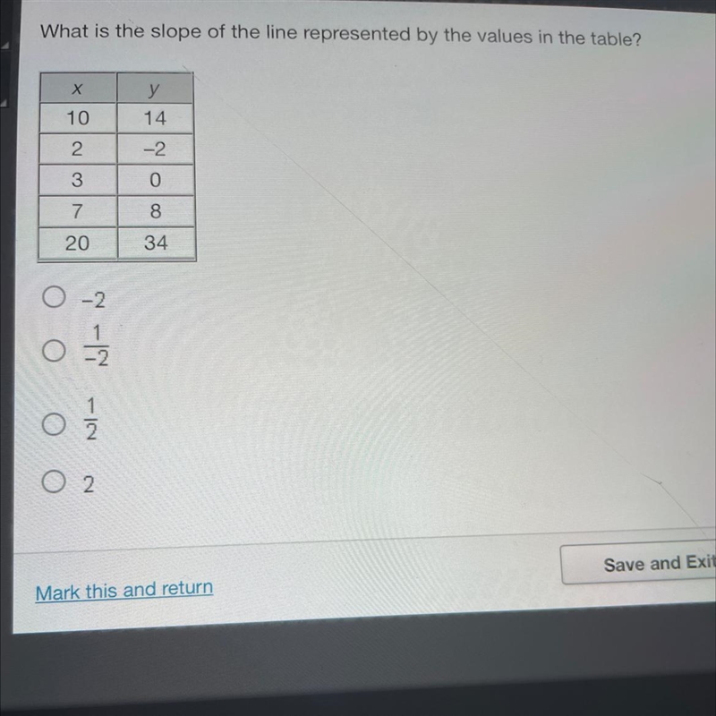 What is the slope of the line represented by the values in the table? X 10 2 3 7 20 O-example-1