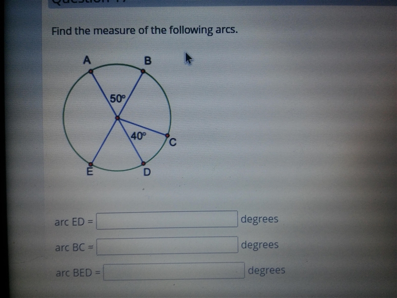 Does anybody know this?Find the measure of the following arcs.-example-1