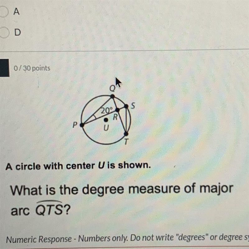 What is the degree measure of major arc QTS?-example-1