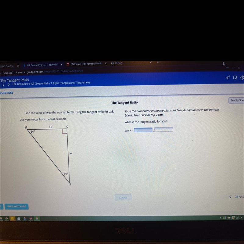 Find the value of w to the nearest tenth using the tangent ratio for ZA.-example-1