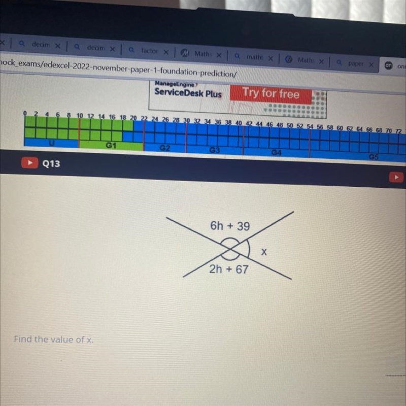 Find the value of x. 6h + 39 2h+67 X-example-1