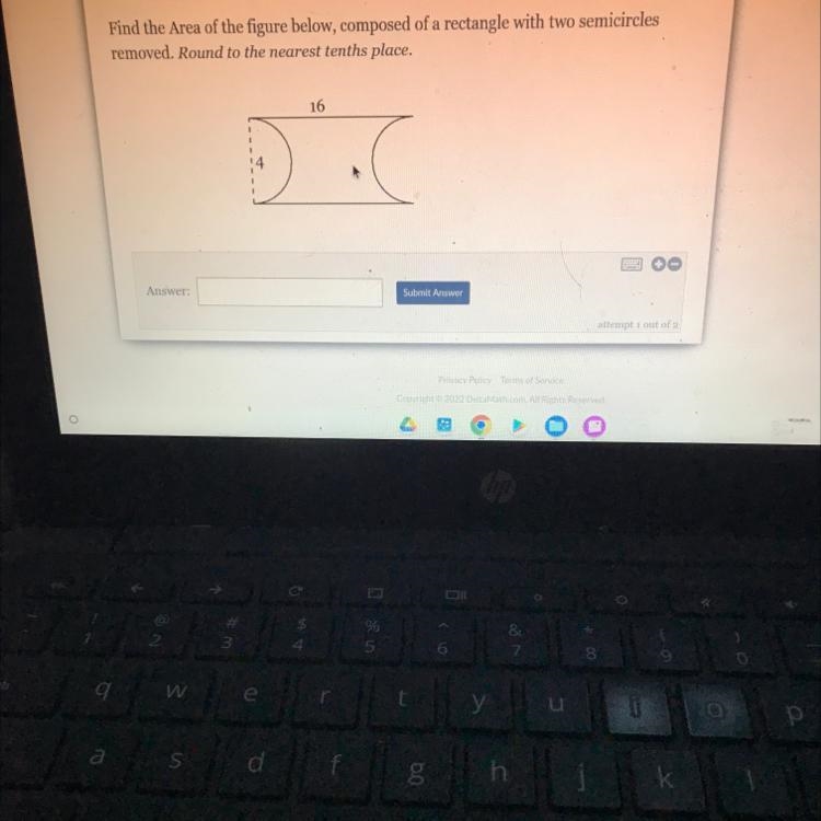 Find the Area of the figure below, composed of a rectangle with two semicircles removed-example-1