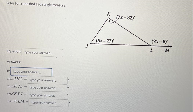 Solve for x and find each angle measure (7x-32) (5x-27) (9x-8) equation x: please-example-1