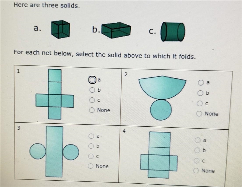 Here are there solidsFor each net below select the solid above to which it folds-example-1