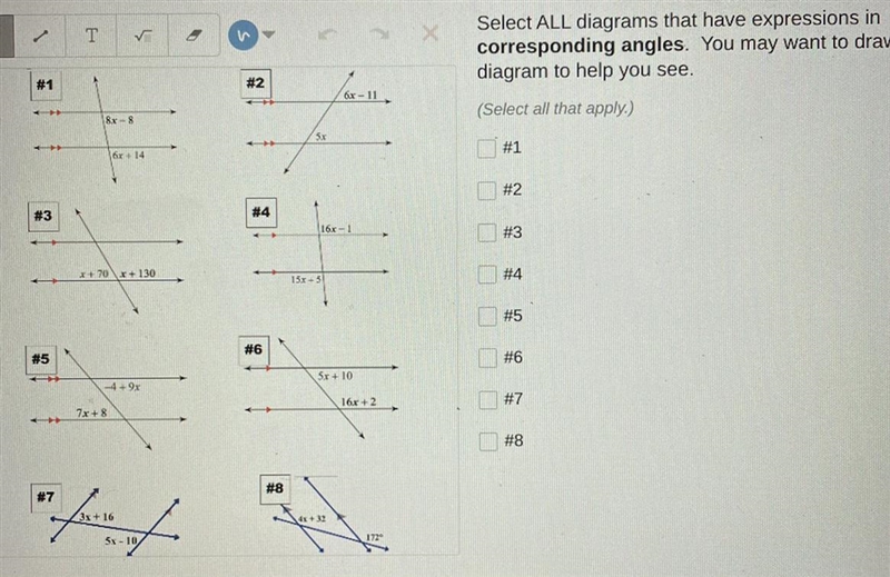 Select all diagrams that have expressions in corresponding angles.-example-1