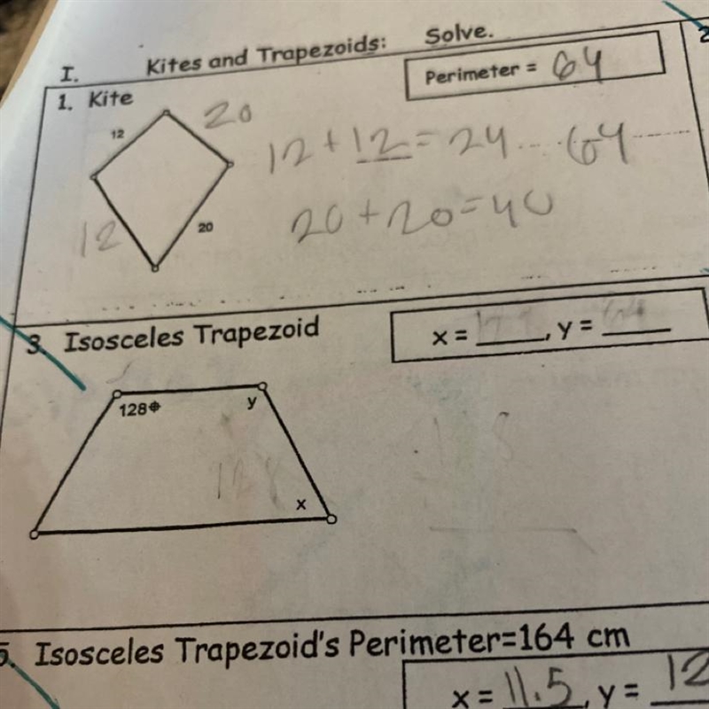 3 Isosceles Trapezoid 128° y is to the left of it X is diagonal to it What is x and-example-1