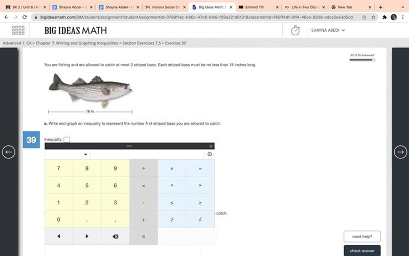 b. Write and graph an inequality to represent the length l of each striped bass you-example-1