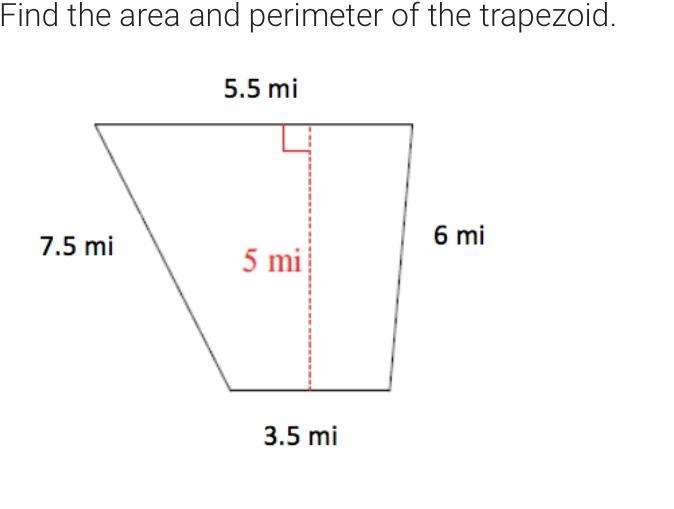 Find the area and perimeter of the trapezoid. See picture for full problem. Please-example-1