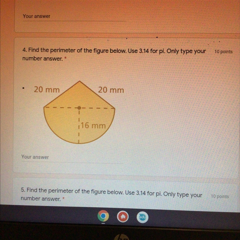 4. Find the perimeter of the figure below. Use 3.14 for pi. number answer.-example-1