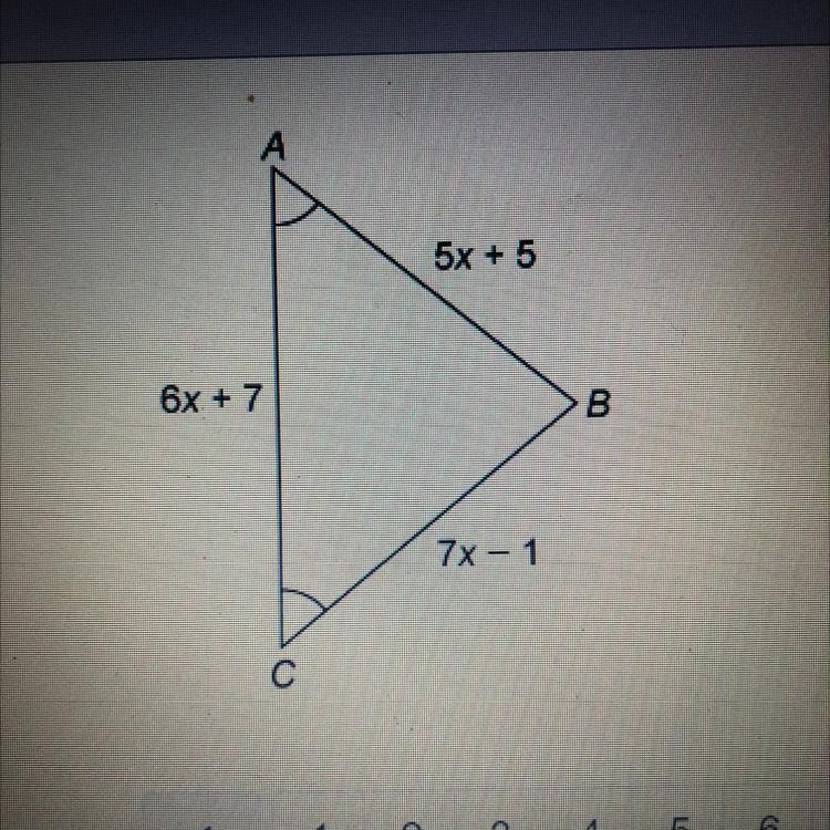 What is the length of side AC of the triangle? A=6x + 7 B= 5x + 5 C = 7x - 1-example-1