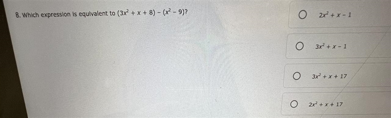 Which expression is equivalent to (3x^2 + x + 8) - (x^2- 9)?-example-1