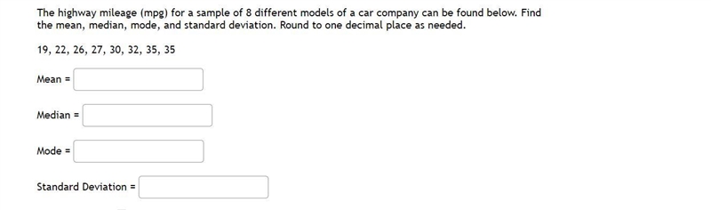 The highway mileage (mpg) for a sample of 8 different models of a car company can-example-1