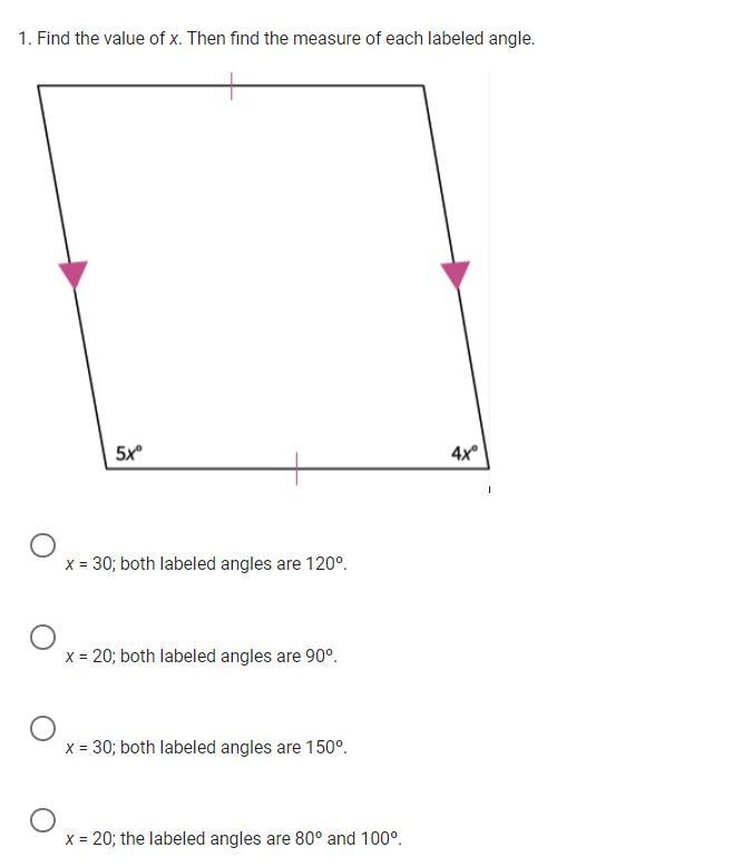 Find the value of x. Then find the measure of each labeled angle.-example-1