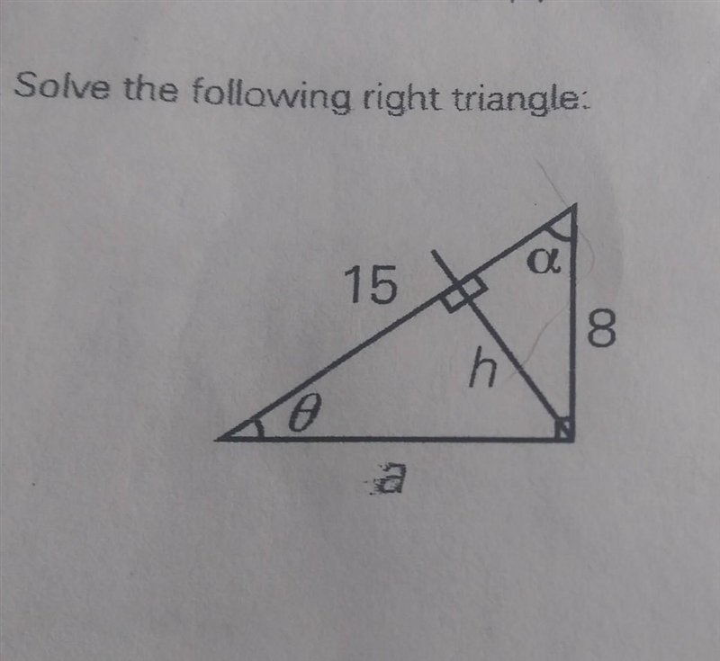 Solve for the following right triangle upper a and h-example-1