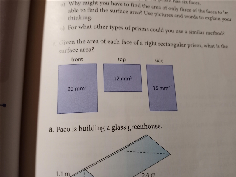 Given the area of each base of a right rectangular prism what is the surface area-example-1