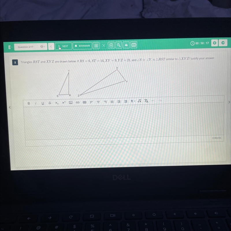 Triangles RST and XYZ are drawn below. If RS= 6, ST=14, XY = 9, YZ=21, and ZSZY, is-example-1