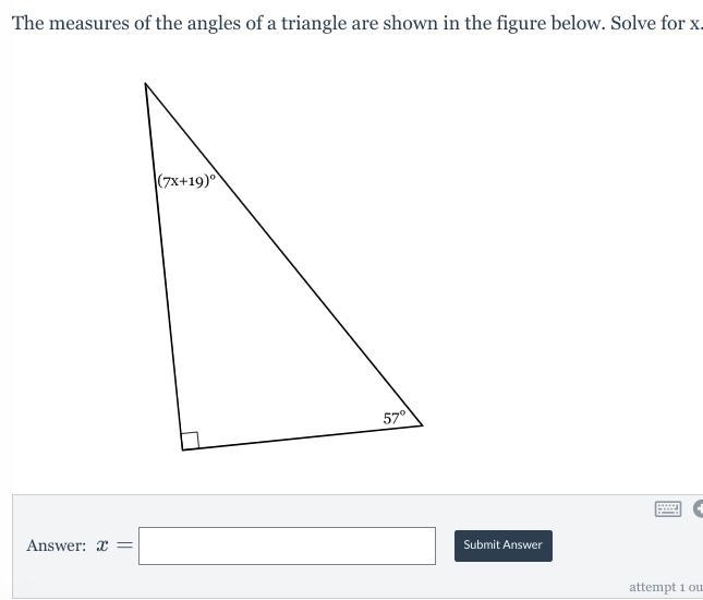 The measures of the angles of a triangle are shown in the figure below. Solve for-example-1