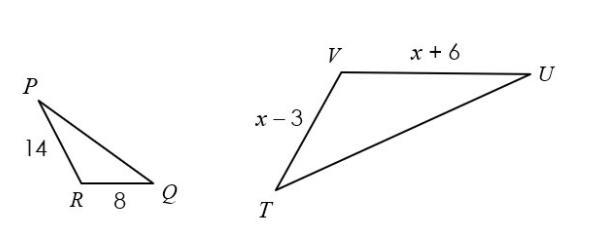 If Triangle PQR ~ Triangle UTV, find the value of x-example-1