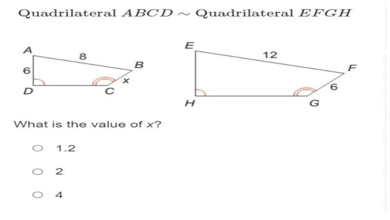 Quadrilateral ABCD ~ Quadrilateral EFGH What is the value of x?-example-1