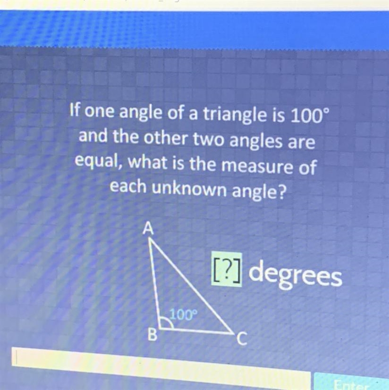 If one angle of a triangle is 100 and the other two angles are equal, what is the-example-1