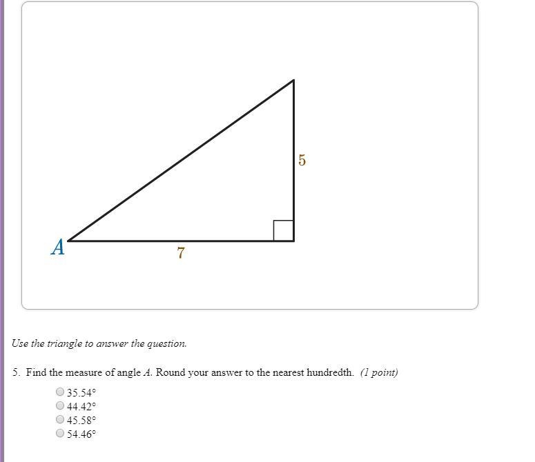 Find the measure of angle a round your answer to the nearest hundredth 35.54, 44.42, 45.58, 54.46-example-1