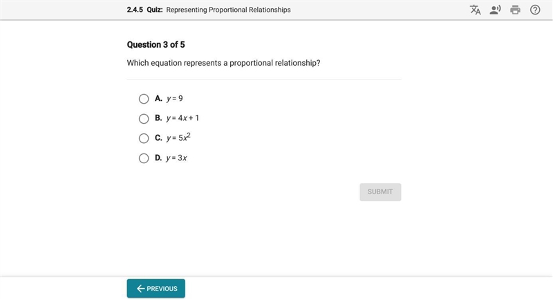 Which equation represents a proportional relationship?-example-1