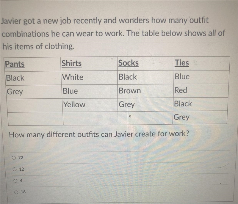 Javier got a new job recently and wonders how many outfit combinations he can wear-example-1