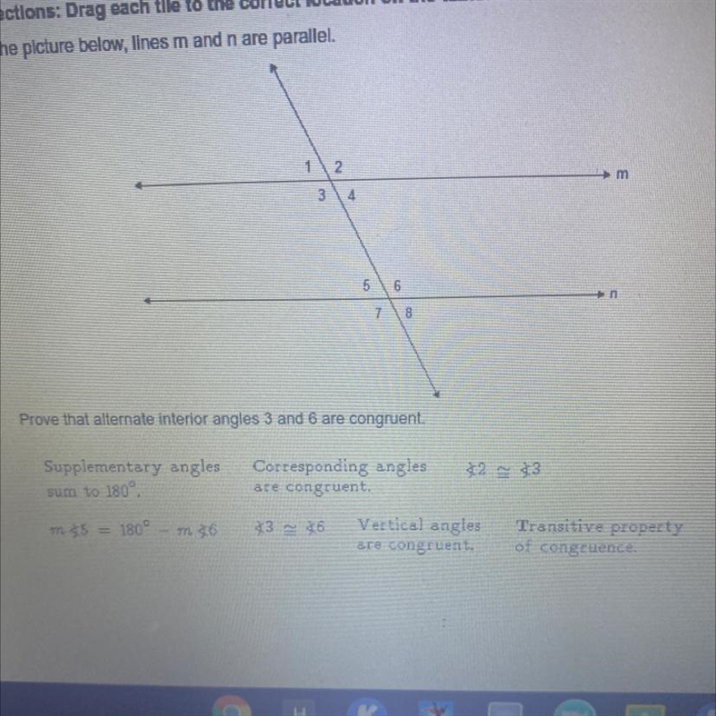 Prove that alternate interior angles 3 and 6 are congruent.-example-1