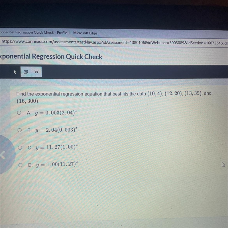 find the exponential regression equation that best fits the data (10,4), (12,10),(13 35) and-example-1