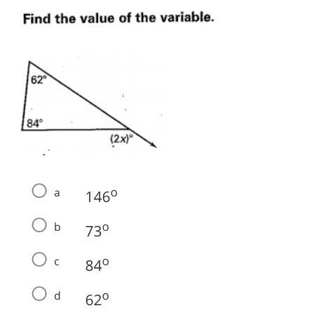 Find the value of this variable A. 146 degree B. 73 degree C. 84 degree D. 62 degree-example-1