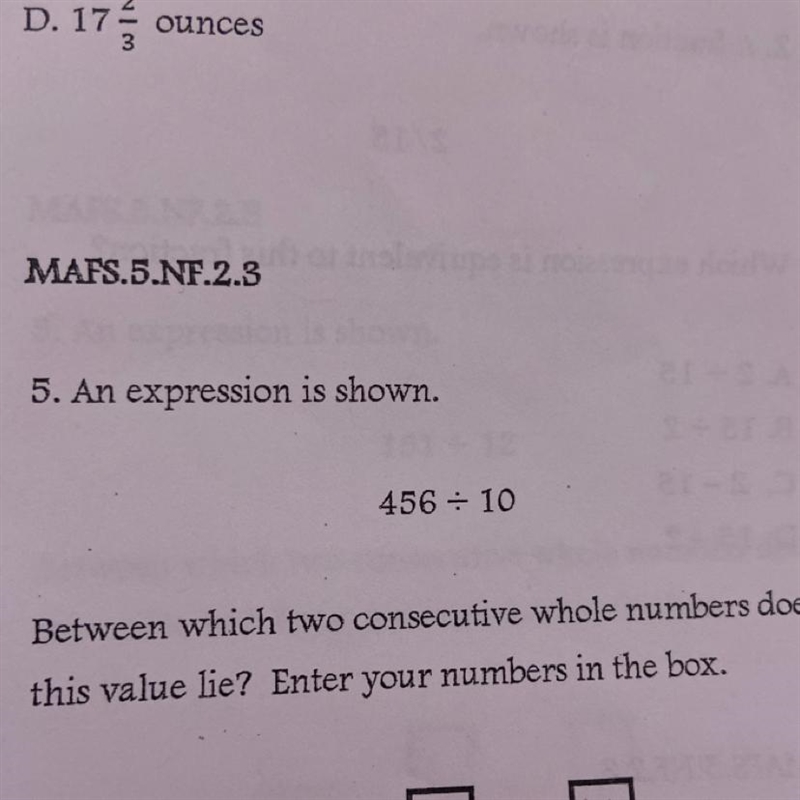 An expression is shown 456/10. between which two consecutive whole numbers does this-example-1