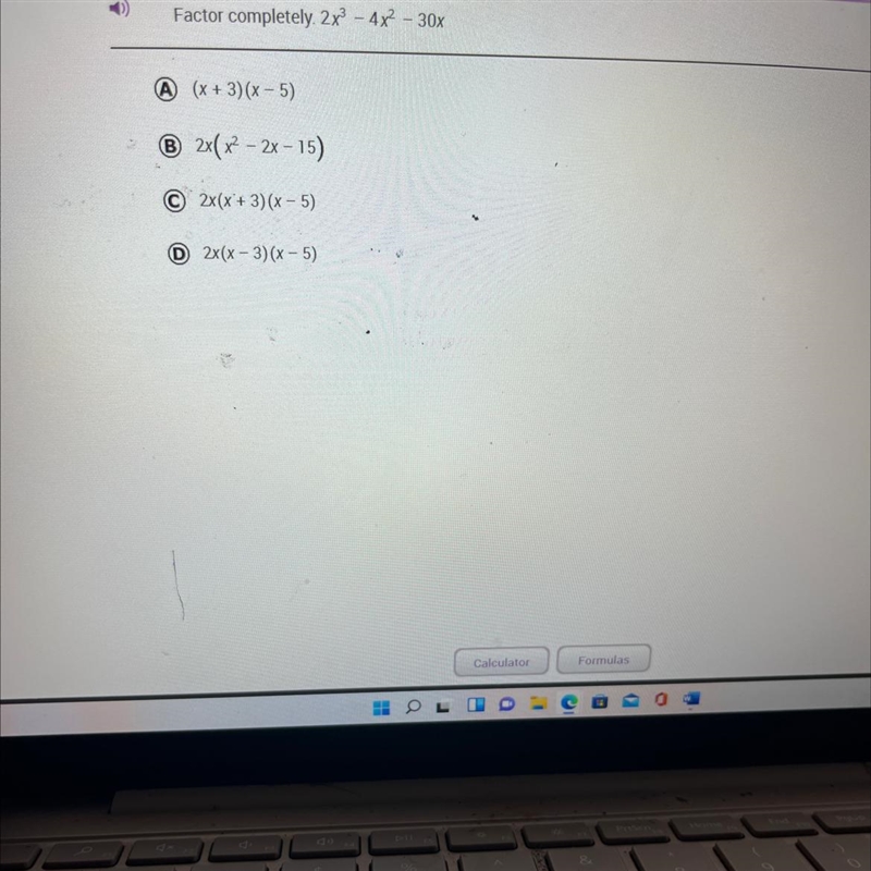 Factor completely. 2x³ - 4x² 30x A (x+3)(x - 5) B 2x(x² - 2x - 15) 2x(x+3)(x - 5) - 5) D-example-1