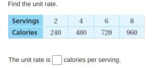 Find the unit rate. The unit rate is calories per serving.-example-1