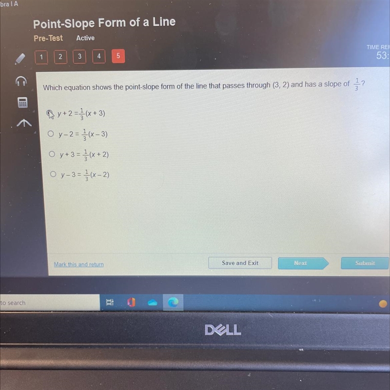 Which equation shows the point-slope form of the line that passes through (3, 2) and-example-1