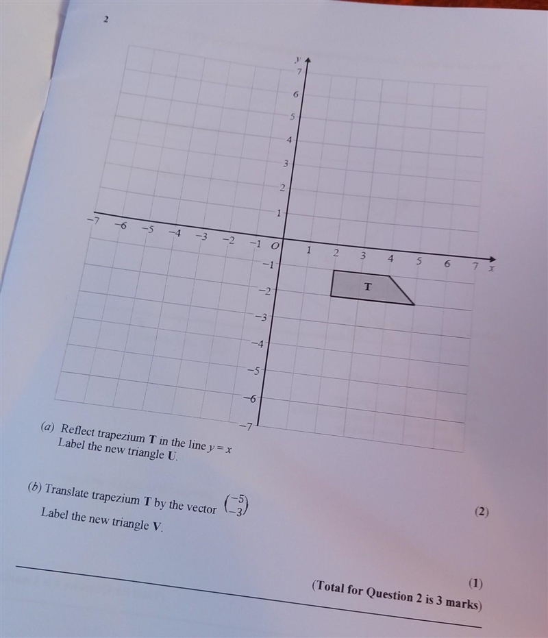 (a) Reflect trapezium T in the line y = x Label the new triangle U. (b) Translate-example-1