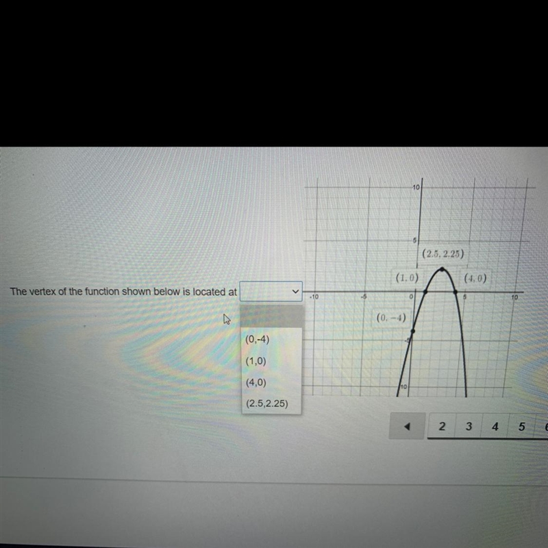 The vertex of the function shown below is located at?-example-1