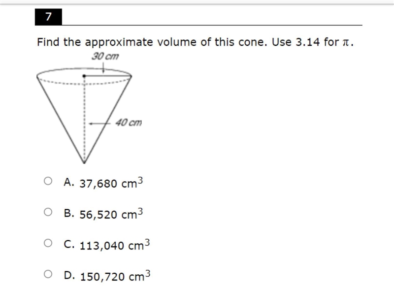 Find the approximate volume of this cone. use 3.14 for pi.-example-1