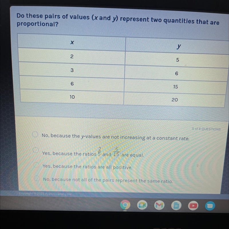 Do these pairs of values (x and y) represent two quantities that are proportional-example-1