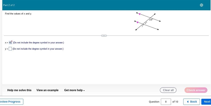 Find the values of x and y. Question content area bottom Part 1 x 41 ​(Do not include-example-1