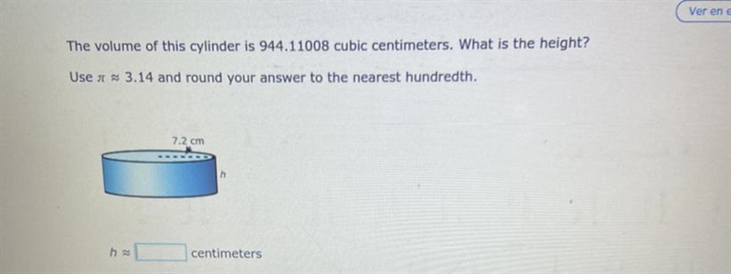 The volume of this cylinder is 944.11008 cubic centimeters. What is the height?-example-1