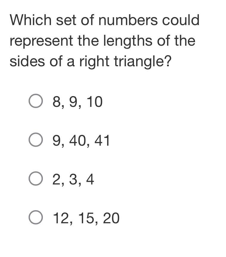 Which set of numbers could represent the lengths of the sides of a right triangle-example-1