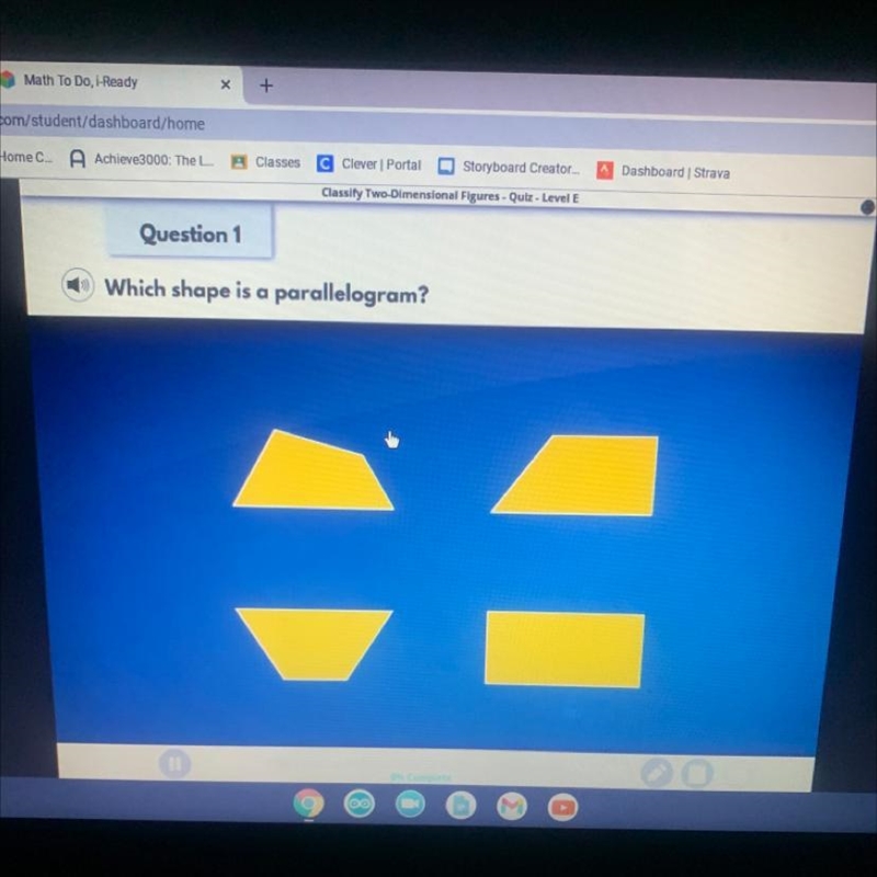 Question 1 Which shape is a parallelogram?-example-1