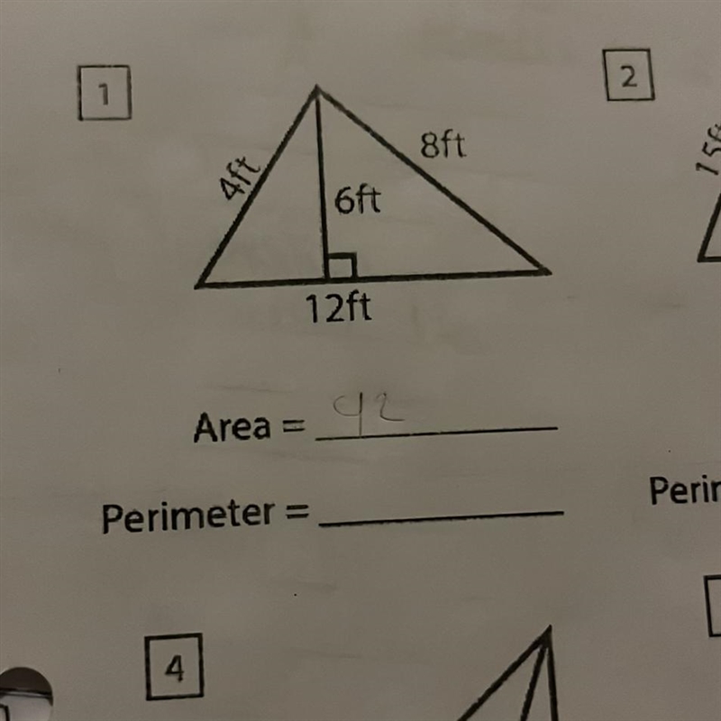 Find the area and perimeter of each given triangle-example-1