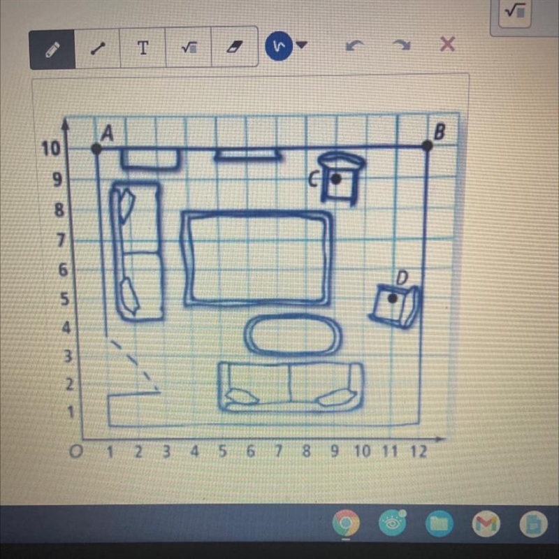 Karen wants to place a lamp halfway between the chairs at points C and D. How can-example-1