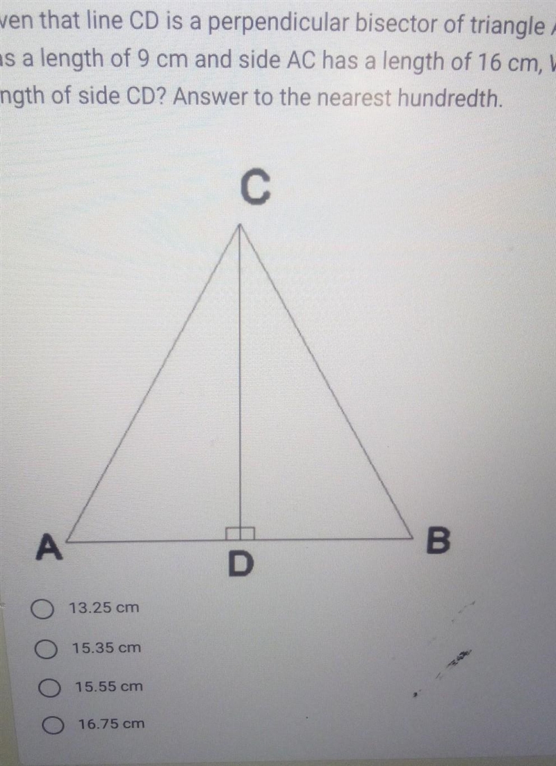 Given that line CD is a perpendicular bisector of triangle ABC, if side AB has a length-example-1