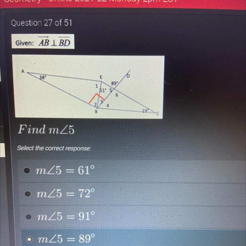 Just checking is the answer to this question m<5 = 89 degrees?? 10 points-example-1