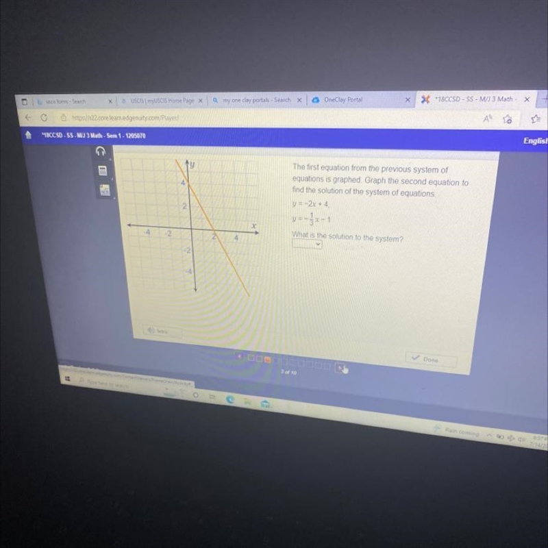 OF Fo T The first equation from the previous system of equations is graphed. Graph-example-1