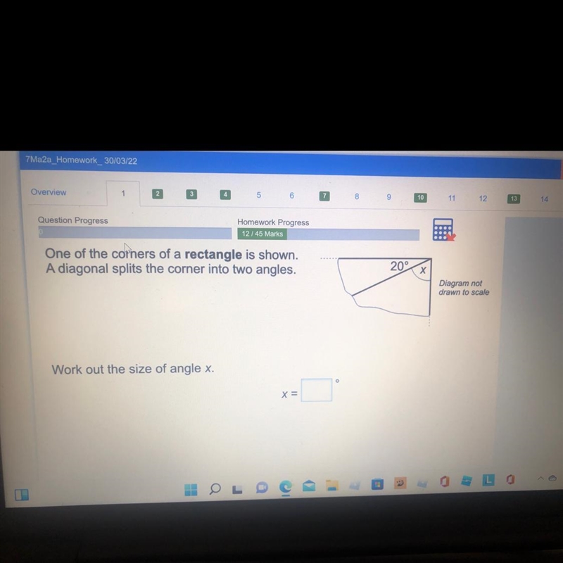 One of the corners of a rectangle is shown. A diagonal splits the corner into two-example-1