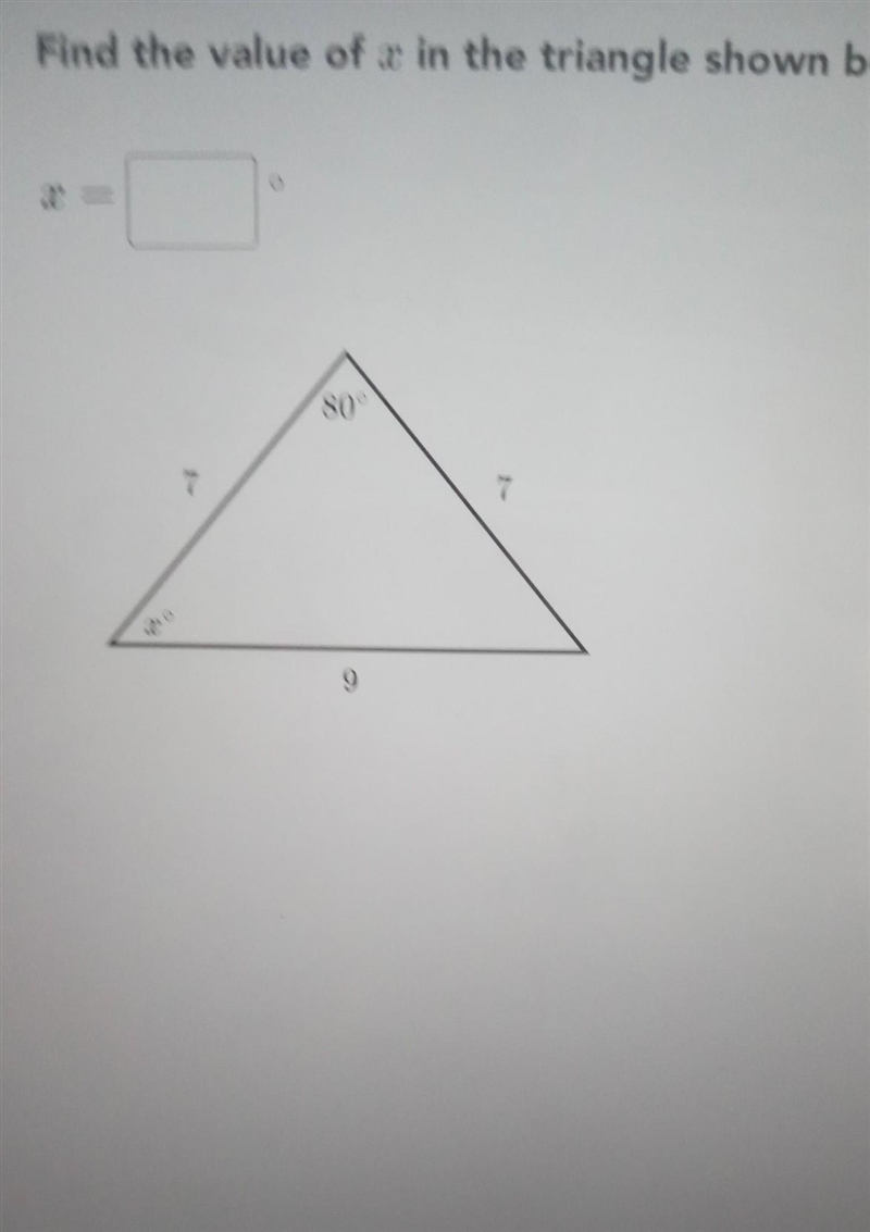 Find the value of s in the triangle shown below. 80° 7 7 9-example-1